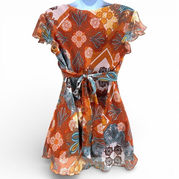Vtg Y2k Babydoll Peasant Top Size L Orange Fairy Whimsi Paisley Flutter Festival - Picture 3 of 12